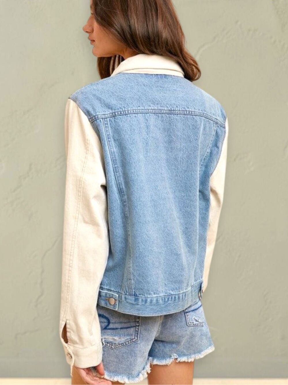 Annie Wear Two Tone Denim Jacket Cream Contrast Sleeve Colorblock Jean Shacket - Picture 5 of 8